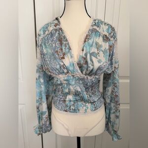 NWT Free People intimately silky Floral Blue and White ruched bodysuit Top-M